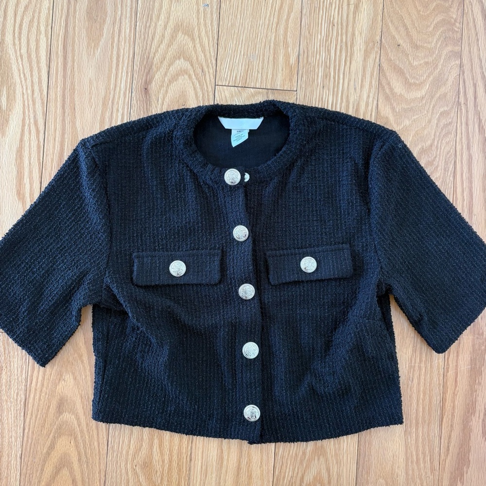 Black Cropped boucle style top with Silver Buttons